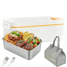 Load image into Gallery viewer, Cordless Electric Lunch Box, Self Heating Food Warmer, Portable Rechargeable Stainless Steel Bento Box for Work, Travel, Battery Powered, No Water Required, 1 L with Insulated Bag