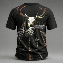 Load image into Gallery viewer, Grunge Brown Antler Deer Skeleton Hold Pistol Streetwear Print Crew Neck T-Shirt