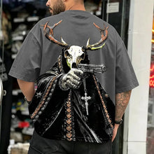Load image into Gallery viewer, Grunge Brown Antler Deer Skeleton Hold Pistol Streetwear Print Crew Neck T-Shirt