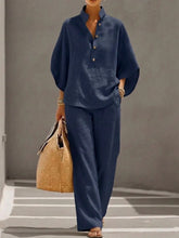 Load image into Gallery viewer, Women’s Batwing Sleeve Linen Cotton Two-Piece Set – Casual Shirt & Wide Leg Pants Outfit