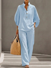 Load image into Gallery viewer, Women’s Batwing Sleeve Linen Cotton Two-Piece Set – Casual Shirt & Wide Leg Pants Outfit