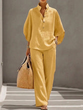 Load image into Gallery viewer, Women’s Batwing Sleeve Linen Cotton Two-Piece Set – Casual Shirt & Wide Leg Pants Outfit