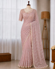 Load image into Gallery viewer, Beautiful Soft Rich Net Embroidery Sequence Pearl Work Saree
