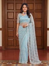 Load image into Gallery viewer, Beautiful Soft Rich Net Embroidery Sequence Pearl Work Saree

