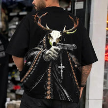 Load image into Gallery viewer, Grunge Brown Antler Deer Skeleton Hold Pistol Streetwear Print Crew Neck T-Shirt
