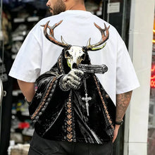 Load image into Gallery viewer, Grunge Brown Antler Deer Skeleton Hold Pistol Streetwear Print Crew Neck T-Shirt
