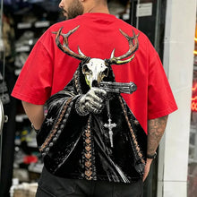 Load image into Gallery viewer, Grunge Brown Antler Deer Skeleton Hold Pistol Streetwear Print Crew Neck T-Shirt
