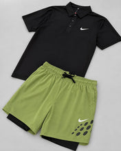 Load image into Gallery viewer, Men's Dry Fit Nicky T-Shirt &amp; 2-in-1 Sports Shorts Co-Ord Set Quick Dry Gym &amp; Running Outfit Black &amp; Olive Green
