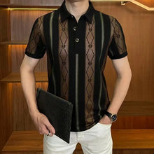 Load image into Gallery viewer, Men's Premium Luxe Striped Polo T-Shirt – Black &amp; Brown
