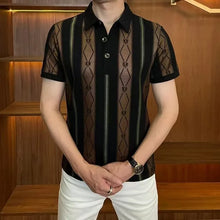 Load image into Gallery viewer, Men's Premium Luxe Striped Polo T-Shirt – Black &amp; Brown
