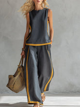 Load image into Gallery viewer, Women's Round Neck Sleeveless Casual Loose Top And High-waisted Loose Wide-leg Pants Cotton And Linen Set.
