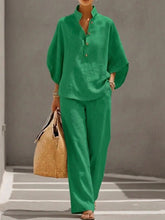 Load image into Gallery viewer, Women’s Batwing Sleeve Linen Cotton Two-Piece Set – Casual Shirt &amp; Wide Leg Pants Outfit
