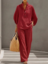 Load image into Gallery viewer, Women’s Batwing Sleeve Linen Cotton Two-Piece Set – Casual Shirt &amp; Wide Leg Pants Outfit

