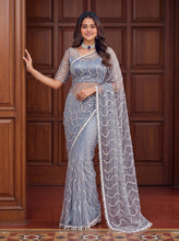 Load image into Gallery viewer, Beautiful Soft Rich Net Embroidery Sequence Pearl Work Saree
